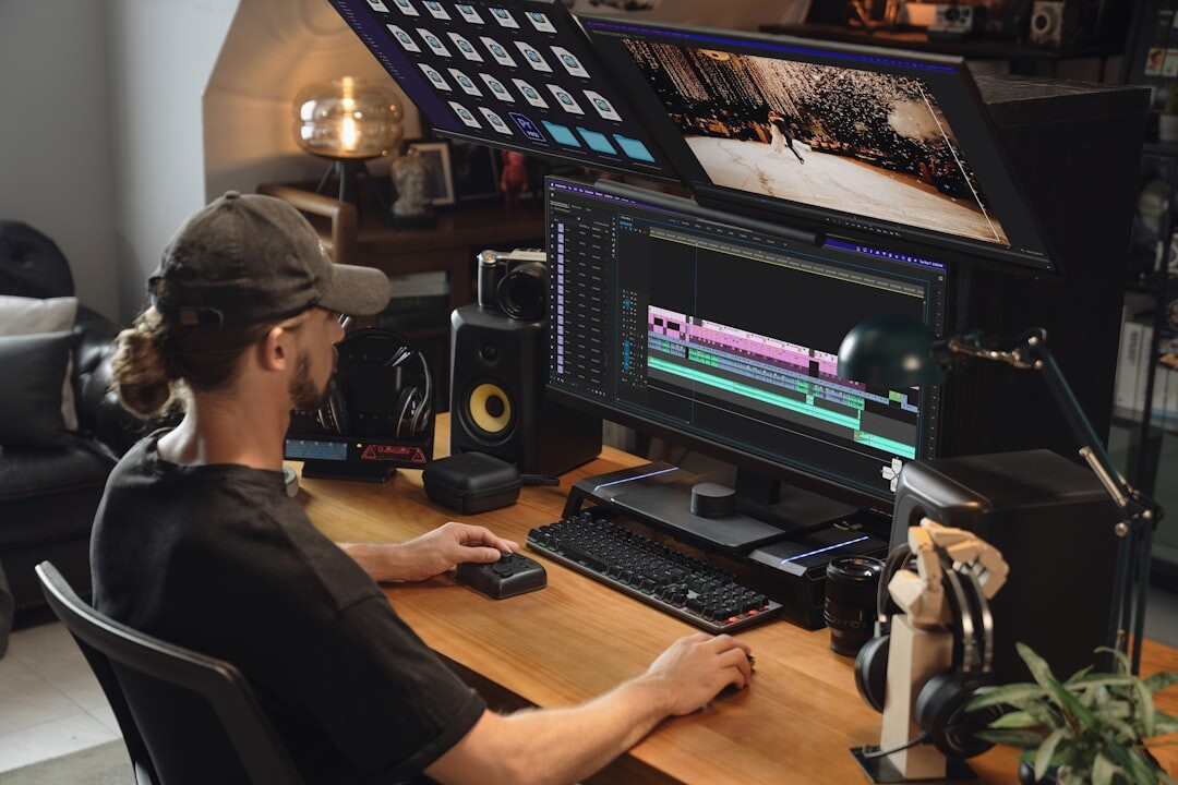 Video editor color grading footage on multiple monitors