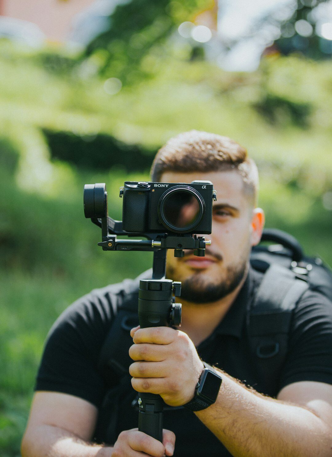Professional video camera mounted on a gimbal stabilizer